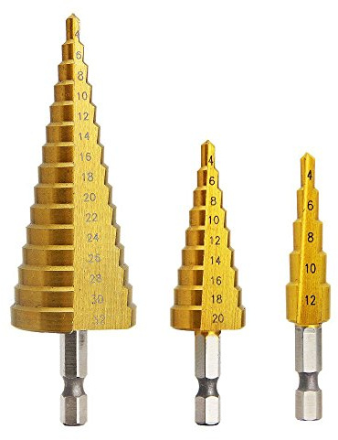 YOCZOX Set de 3 Foret Fraise Meche Etage, HSS Inox Metal, 4-12/20/32mm, Triangle Conique Titane, avec Tige Hexagone, Pour Visseuse Percage sur Acier, Laiton, Bois, Plastique