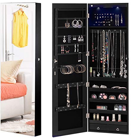 GOPLUS Schmuckschrank, Spiegelschrank, Schmuckregal hängend mit Spiegel, mit LED Beleuchtung, Farbewahl, für Ringe, Ohrringe, Halsketten, Armbänder (Schwarz)