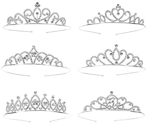 Hedume 6 Pack Princess Crystal Tiara Crown Headbands, Silver Metal Sparkly Glitter Rhinestone Hair Accessories, Girls Women Princess Crown Headbands for Birthday Party, Wedding, Prom, Pageant