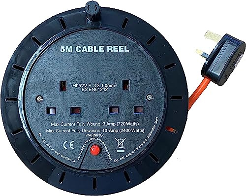 ShaniTech 5M Meter 2 Way Gang Mains Extension Lead Reel Heavy Duty Thermal Cut Out, Ideal for Garden, Workshop, DIY