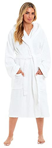 Daisy Dreamer Womens Bamboo Hooded Dressing Gown Towelling Robe Super Soft Ladies Bath Robes, White Large