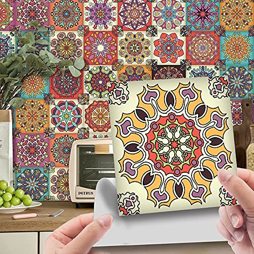 24 Pezzi Adesivi per Piastrelle per Mobili e Pareti, Hiser Mosaico Stile Impermeabile Adesivo da Parete Autoadesive Rotoli Carta per Cucina Bagno Casa Decorativo (Mandala,10x10cm)