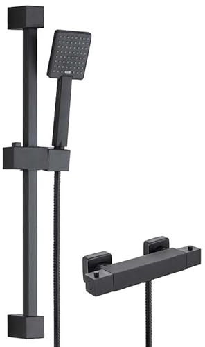 Matt Black Thermostatic Square Bar Mixer Shower Valve + Riser Rail + Head + Hose