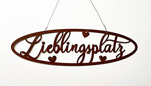 STEINFIGURENWELT GIEBEN Schild Lieblingsplatz mit Herzen 50x15cm zum Aufhängen Edelrost Gartendeko Wandhänger Wandschild Wanddeko Rost Tafel Spruchtafel Metall Türdekoration Geschenk