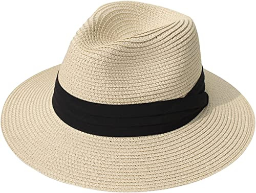 Lanzom Women Wide Brim Straw Panama Roll up Hat Fedora Beach Sun Hat UPF50+ 001-fold Belt Khaki