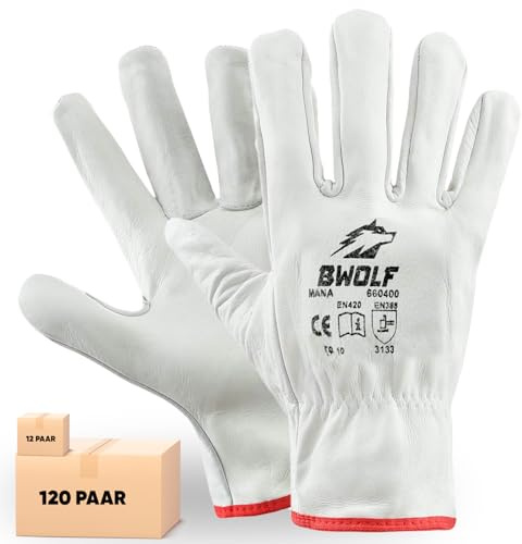 BWOLF Mana Lot de 12/60 Paires de Gants de Travail Cuir Gants Cuir Travail, Résistants à la Déchirure avec Poignet Élastique (11, 12 pièces)