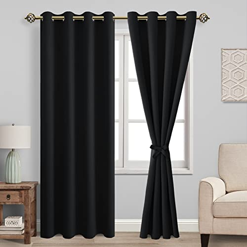 JIUZHEN Abdunkelnde Vorhang Hitzeschutz Verdunkelungsvorhang 200x140cm(HxB) | 2er Set Schwarz Gardine Blickdicht mit Raffhalter Ösen Hitzeschutz Wärmeisolierend für Kinderzimmer Wohnzimmer UV-Schutz Büro