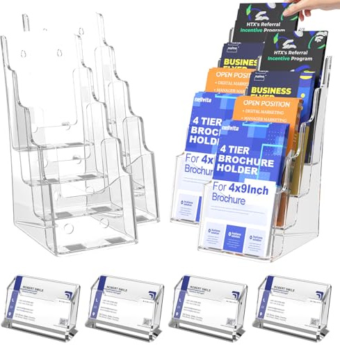 Nellvita 4 Pcs Acrylic Brochure Holder, 4 x9 Inches Flyer Holder, 4 Tier Clear Pamphlet Holder, 4 Inch Wide Magazine Literature Organizer Holder, Brochure Display Stand, for Wall Mount or Desktop Use