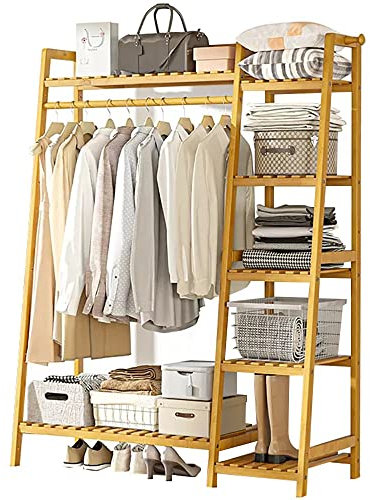 Garderobenständer Bambus Kleiderständer, kleiderständer Holz mit Ablage Offener Kleiderschrank System, Freistehender Verdickte Kleiderstange für Schlafzimmer Flur Wohnzimmer