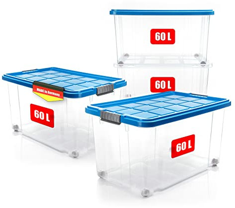 BigDean 4 Stück 60 L Aufbewahrungsbox mit Deckel groß azurblau - stapelbare robuste Box - rollbare Stapelbox mit festen Klickverschlüssen - Made in Germany