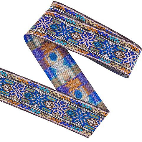 FINGERINSPIRE 7m 50mm Blaues Vintage Jacquardband Ethno Stil Rautenförmiges Blumenmuster Stickerei Gewebter Besatz Polyestergewebebesatz Retro Tiroler Band Für Kleidung Handwerksdekor