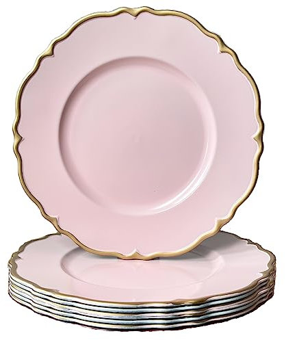 UOEKCS Pink scalloped charger plates with Gold rim, 13 Round Chargers for Dinner Plates, Set of 6 Plastic Plate Chargers for Weddings, Parties, Tabletop Decor.
