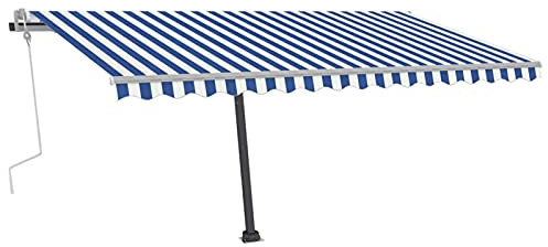 Homgoday Retractable Manual Awning for Balconies Awning Sun Shade with Extendable Arms for Outdoor Sun Shade for Outdoor Fall with LED 400 x 300 cm Blue and White