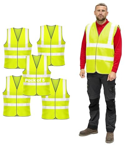 Vasego - 5 Pack of Plain Hi Visibility Reflective Safety Vest for Men & Women Fluorescent Waistcoat for Outdoor Running Walking Motor Bicycle Drivers -Class 2 (Plain Vest, Yellow, L)