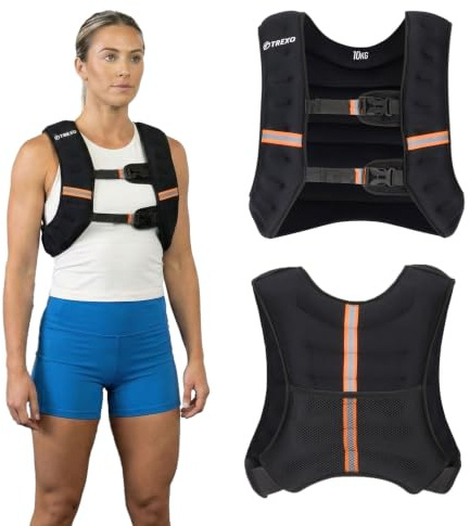 TREXO Giubbotto Zavorrato 10 kg Gilet Tattico per Gym e Palestra in casa Gilet Donna e Uomo con Misura Universale e Cinghie Riflettenti con Pesi Palestra Allenamento Calisthenics Forza Nero WV-10