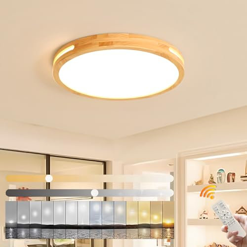 YYUTLUO Runde LED-Deckenleuchte Aus Holz, Dimmbar Mit Fernbedienung 3000K-6500K, Ø40cm 30W, Aushöhlen Design Auf Zwei Seiten Schlafzimmer Wohnzimmer Kinderzimmer Büro Arbeitszimmer (Stufenlos Dimmbar)
