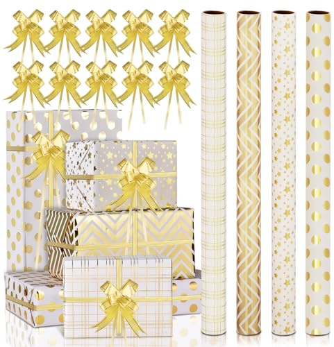 AhfuLife 4 Rouleaux Papier Cadeau Noir et Or, 43cm×3M Papier Cadeau pour Emballage Cadeaux de Mariage, Anniversaire, Saint Valentin, Papier Cadeaux Noël Recyclable avec Ruban Points Rayure Étoile