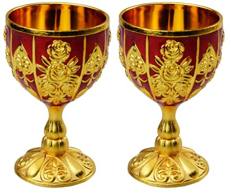 2Pcs Vintage Chalice Medieval Goblet, 30Ml Brass Royal Wine Glass Cups Medieval for Wedding Anniversary, Gold Goblet Cups for Renaissance Gifts Novelty Ceremonial Catholic Church Baptism Holy (Red)