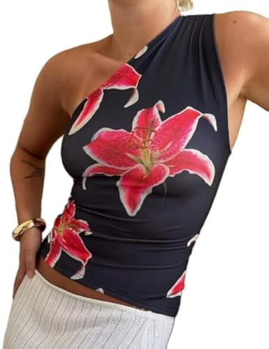 Yassiglia Damen Sommer One Shoulder Oberteil Y2k Floral Gedruckt Tank Top Sexy Ärmellos Rückenfrei Crop Tops Summer Grafik Camisole (Schwarz-Rot, S)