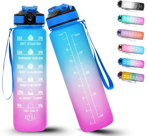 BierEx Trinkflasche 1L, Wasserflasche, Sport water bottle mit Zeitmarkierung für Fitness, Schule, Yoga, Outdoor (Blau Rosa)
