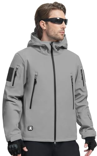 FREE SOLDIER Giacche Militari Softshell da Uomo Fodera in Pile da Esterno Giacca Antivento Impermeabile con Cappuccio Giacche tattiche Calde Multitasche per Escursioni di Caccia (Grigio chiaro,M)