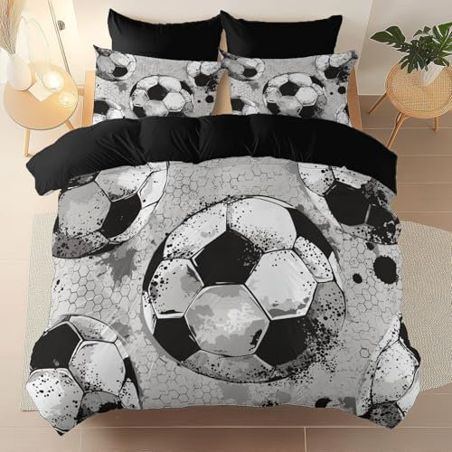 Funda de edredón Estampada - Diseño Deporte Fútbol ​​Hexágono - Ropa de Cama de Microfibra cepillada Negro - 1 Funda de edredón 150 x 220 cm + 2 Fundas de Almohada - con Cremallera