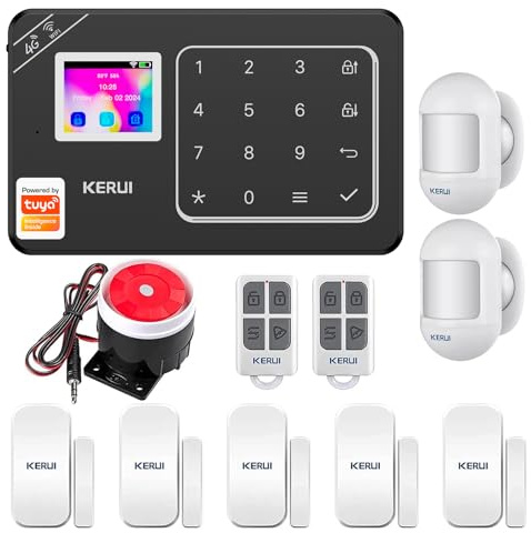 KERUI Wireless Security Burglar Door Alarm System WIFI GSM 4G Kit for Shed House Hotel Shop Apartment, Weatherproof Siren Horn with Remote Control Door Contact Sensor,Motion Sensor-Google & Alexa
