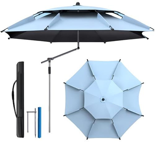 Generisch 220 cm Tragbarer Faltbarer Reiseschirm mit Kippbarer und Erdspieß, Schwarz Beschichteter Aluminium Angel Sonnenschirm, Strandschirm Wasserdicht LSF 50+ Windbeständigkeit(Blau,220cm/7.2ft)
