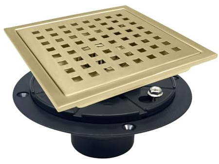 KOOTTI 4 Inch Square Shower Drain with Flange, Removeable Grate SUS 304 Stainless Steel Shower Drain with Hair Catcher (Brushed Gold, 4 Inch)