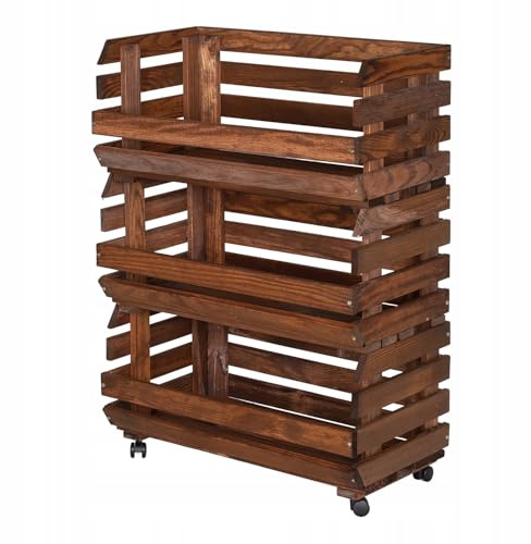 STOLMAK Obstkiste Holz auf Rollen 57 x 79 x 30 cm Kartoffel Obst Gemüse Aufbewahrung Regal mit Körben Stapelkisten Holzkiste Groß Aufbewahren Gemüsekiste 3 Etagen Farbe Braun