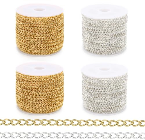 4PCS Gold Chain for Jewellery Making Silver 3 x 4mm Jewellery Chain Necklace Chains for Jewellerys Making for Earring Bracelet DIY Crafts (10M/33 Feet)