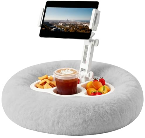 JAOGAUS Tablet Halterung Kissen, Verstellbarer Kindle Halter zum Lesen | mit 3 Snackschalen, kompatibel mit 4,7-13 Zoll Telefonen, Tablets und Kindle-Geräten (Gray)
