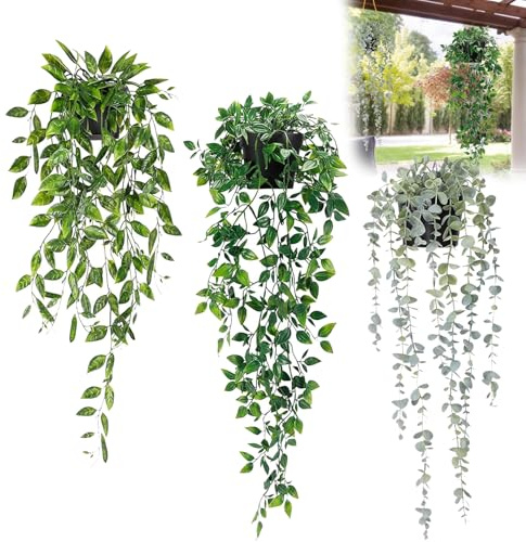 VCANIVR 3 Stück Hängepflanze Künstlich mit Topf Kunstpflanze Hängend, Künstliche Hängepflanzen wie echt Artificial Plants Plastikpflanzen Deko für Indoor Outdoor Draußen Garten