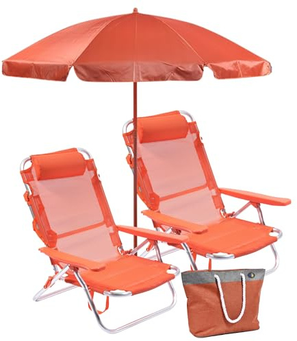 SUNNY STAR Set da spiaggia 2 spiaggine Parigi + 1 ombrellone + 1 borsa mare 45lt colore arancione (2STC1385 +1STC1382+ 1STC1432)