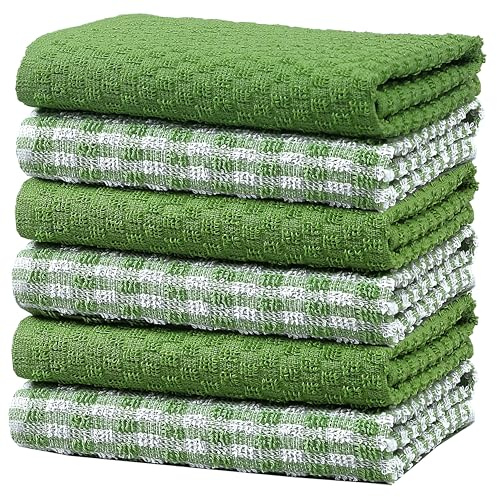 Olivia Rocco 100% Cotton Ascot Check Terry Tea Towels for Kitchen Pack of 6 Super Absorbent Dish Cloth Towel for Drying & Cleaning Household Essentials, Sage Green- 6 PK