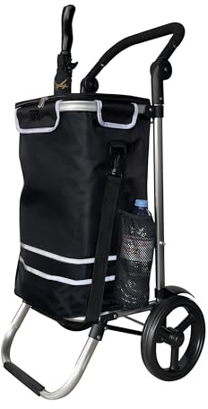 Faltbarer Aluminium Einkaufstrolley 57L (48L + 9L Kühlfach) Schwarz, 30kg Traglast, 35x45x98cm, Eva Leichtlaufräder Ø20,5cm, Klappbar, Als Sackkarre & Umhängetasche nutzbar, Einkaufswagen Haken