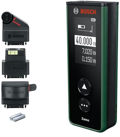 Bosch Laser-Entfernungsmesser Zamo | Messbereich bis 40 m, Laden über USB-C®, speichert 10 Messwerte, Linien-, Rad- und Bandadapter, 2x 1,2V-Akku (AAA), Tasche