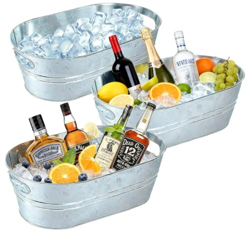 3-Pack Extra Large Galvanized Steel Ice Buckets with Handles, 15L, Rustic Industrial Style, for Champagne, Beer, Cocktails, Weddings, Parties
