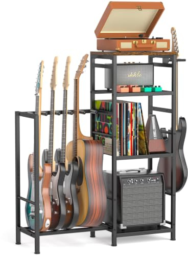ikkle Gitarrenständer für Mehrere Gitarren, Gitarrenregal mit Ablagefächern | Gitarren Ständer mit Schallplattenablage, Plattenspieler- und Verstärkerständer, Gitarrenaufbewahrung für das Heimstudio