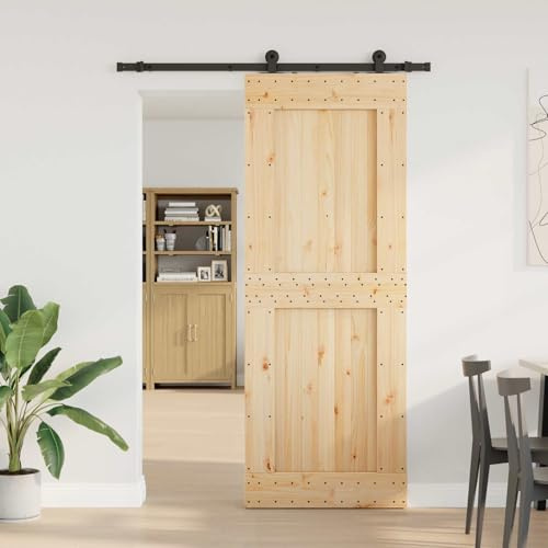 Schiebetür NARVIK 85 x 210 cm aus massivem Kiefernholz mit schwarzem Schienensystem, platzsparende Raumteiler Tür für Innenbereich