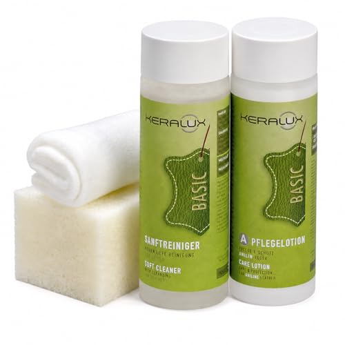 KERALUX 4-Teiliges Lederpflegeset A für Anilinleder | 200 ml Reiniger, 200 ml Pflege, Schwamm, Tuch, mit Imprägnierung und Lichtschutz