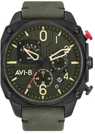 AVI-8 Mens 45mm Hawker Hunter Retrograde Chronograph Deep Green Black Japanese Quartz Pilot Watch with Leather Strap AV-4052-08