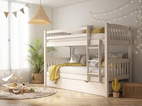 MUEBLESYA Litera de Madera de Pino Macizo con Cama Nido Elevable y 3 Plazas | Estructura Convertible en 2 Camas Individuales para Niños y Adultos | Seguridad Europea Certificada y Escalera Reversible