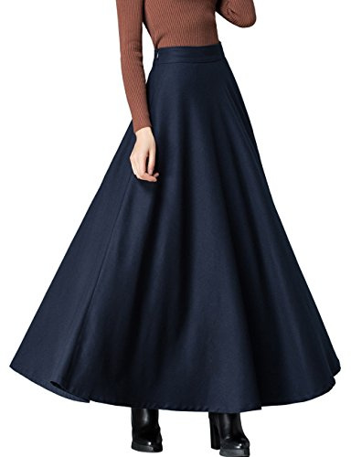 Femiserah Women's Long Maxi Woolen A Line Skirt Autumn Winter Plaid Skirt(X-Large, Navy Blue)