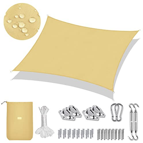Sekey Sonnensegel Wasserdicht 2x3m Rechteckig mit Edelstahl Befestigungs Kit PES Polyester, Sonnenschutz 95% UV Schutz Windschutz Reißfest Wetterfest, für Balkon Garten, Sand