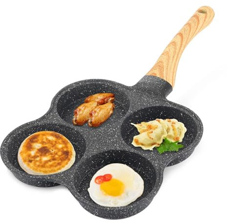 HERCHR 4 Fori in Alluminio per Crepes, Colazione Omelette Stampo Maker Con Antiscivolo Lungo Maniglie, Padella Antiaderente per Frittata a 4 Stampi in Alluminio da Fornelli a Gas Induzione multiuso