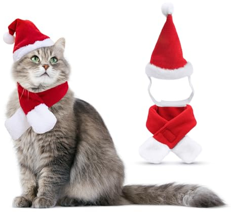 PETLESO Katzen Weihnachtskostüm Weihnachtsmannmütze und Schal für Katzen Welpen Weihnachtsoutfit Weihnachten für Kleiner Hund