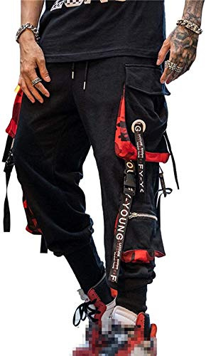 Hello MrLin - Pantaloni Sportivi Cargo da Uomo, Stile Punk e Streetwear, Nero e Rosso., M