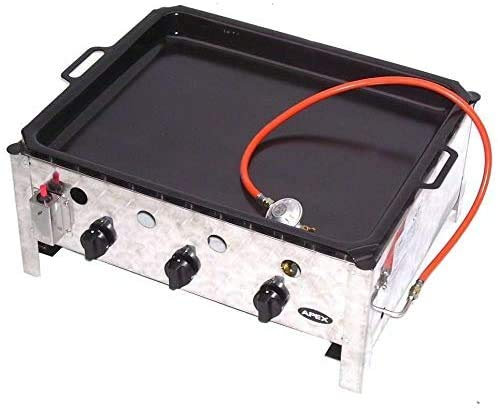 D&L Asador de gas profesional 55510 + sartén 504, Asador de Carne, juego de 3 quemadores de acero inoxidable, 10 kW, 3 quemadores, parrilla de gas, barbacoa, carro, sartén AWZ