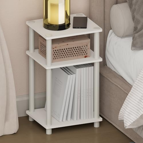 Furinno JUST Night Stand, 3-Tier Turn-N-Tube Nightstand, Toolless Bedside Table, End Table, Side Table with Open Storage for Bedroom, Living Room, White